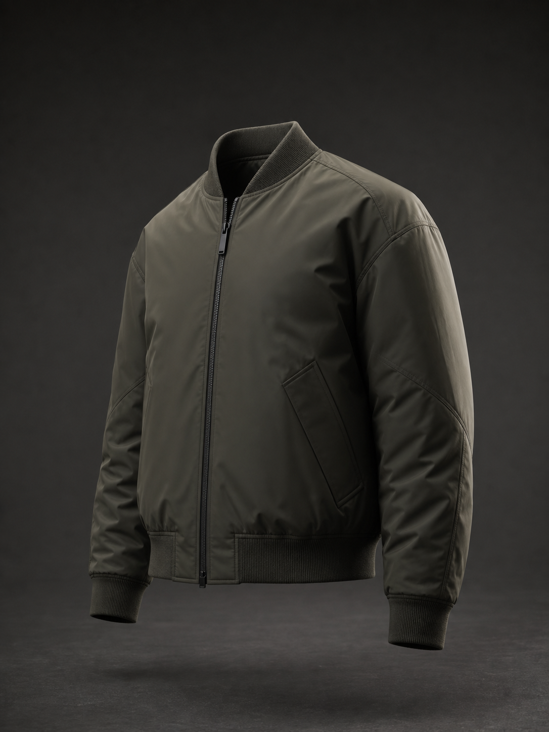 Render editorial de bomber técnica color oliva
