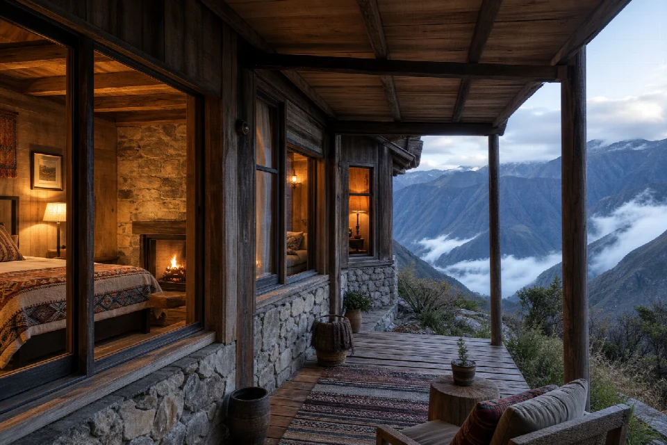 Cabaña familiar con chimenea, cama principal y rincón con camarotes.