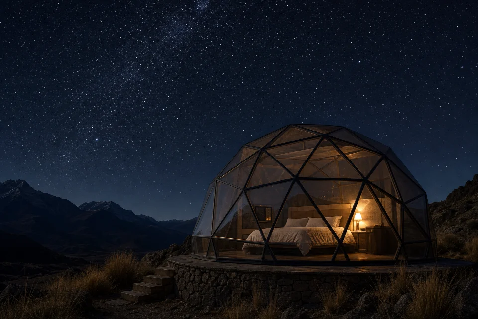 Domo de cristal iluminado entre montañas bajo un cielo estrellado.