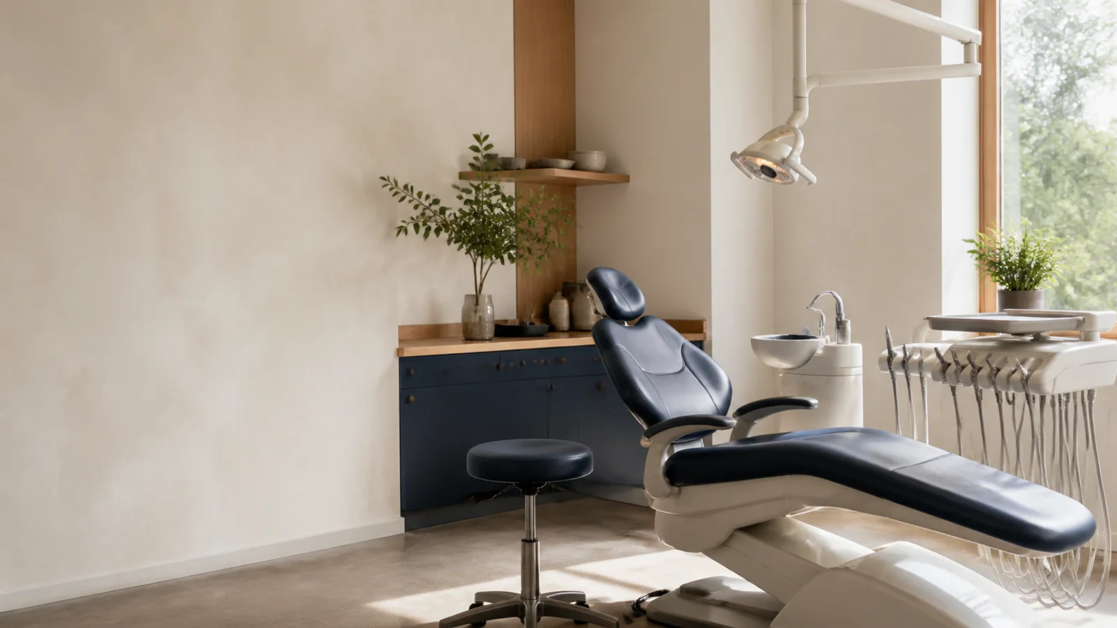 Consultorio dental cálido de Esmalte con sillón odontológico y luz natural