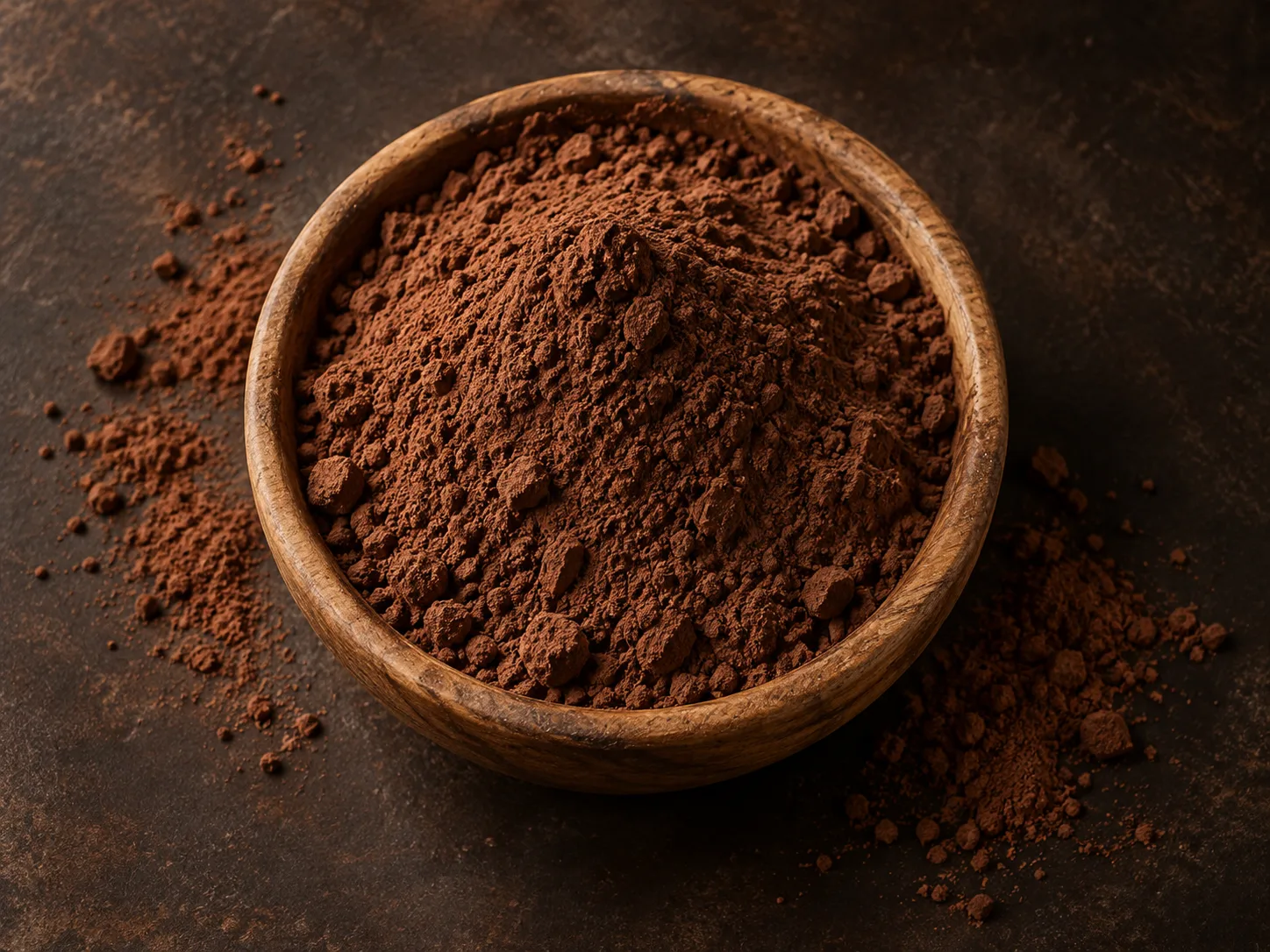Cacao puro en polvo servido en un cuenco de madera