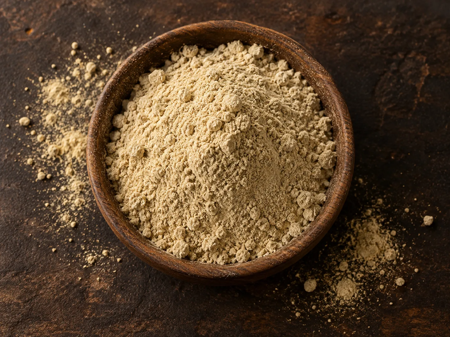 Maca andina en polvo servido en un cuenco de madera